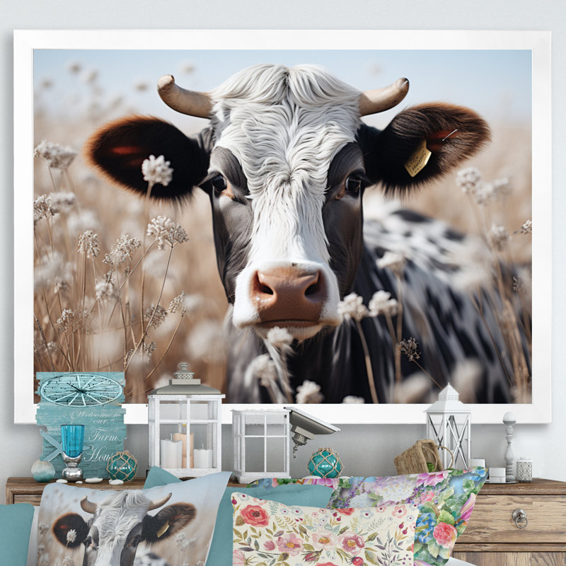 Vache fleur pâturée, reproduction d'art sur toile, H 16 po x l 32 po x P 1 po, Cadre photo blanc