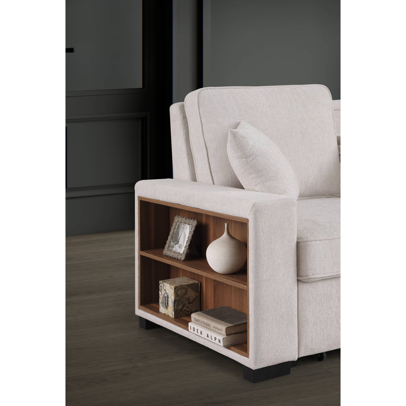 Canapé-lit moderne avec lit escamotable et méridienne de rangement, Chenille beige
