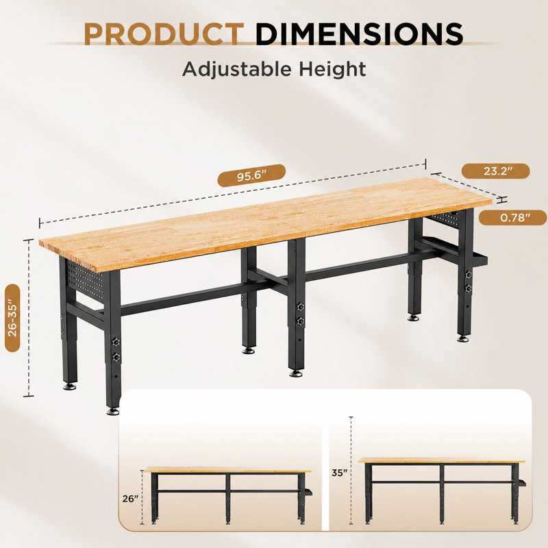 Établi robuste de 96 pouces avec panneau perforé latéral, plateau en bois massif, capacité de 2000 lb, table de travail de garage à hauteur réglable avec prise de courant, boîte de rangement, roues ou pieds de nivellement