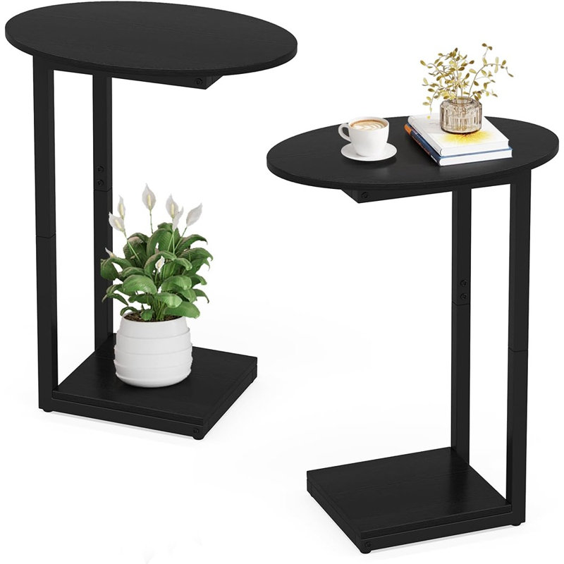 Petite table de bout avec table d'appoint, plateau de table basse en bois en forme de C pour manger des tables de canapé pour les petits espaces, le salon, la chambre à coucher, le canapé et les petits espaces (paquet de 2 noir)