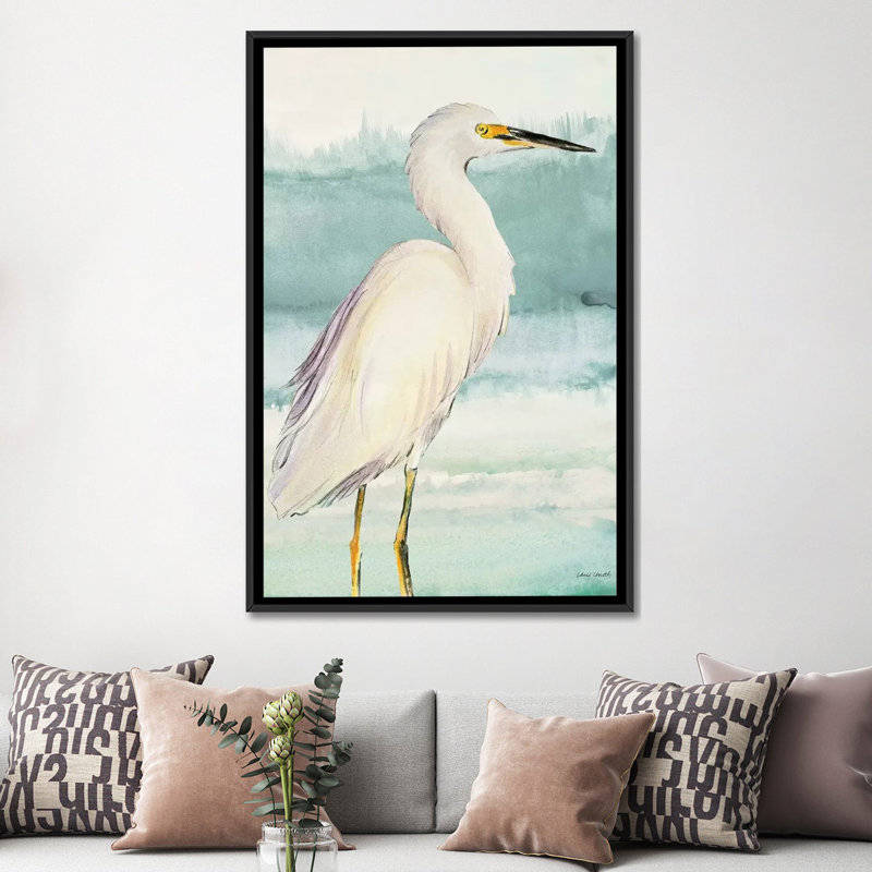 «Heron on Seaglass II» par Lanie Loreth - reproduction d'art, H 60 po x l 40po x P 1,5 po, Toile avec cadre noir