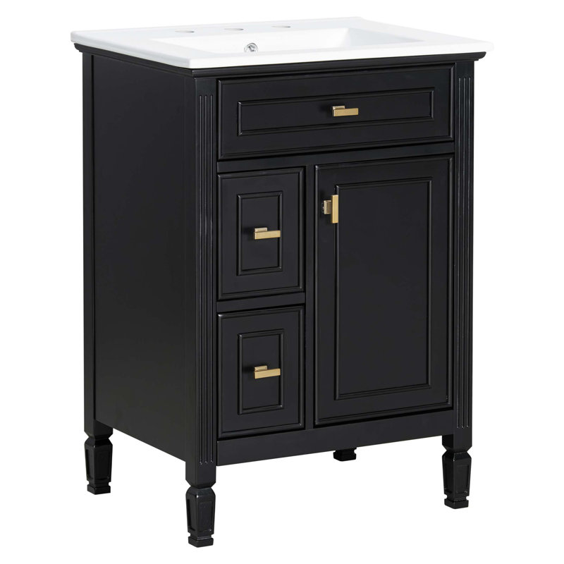 Meuble-lavabo de 24 pouces avec meuble-lavabo avec un tiroir rabattable, deux tiroirs standard et une tablette réglable, meuble-lavabo autoportant pour le rangement de la salle de bain