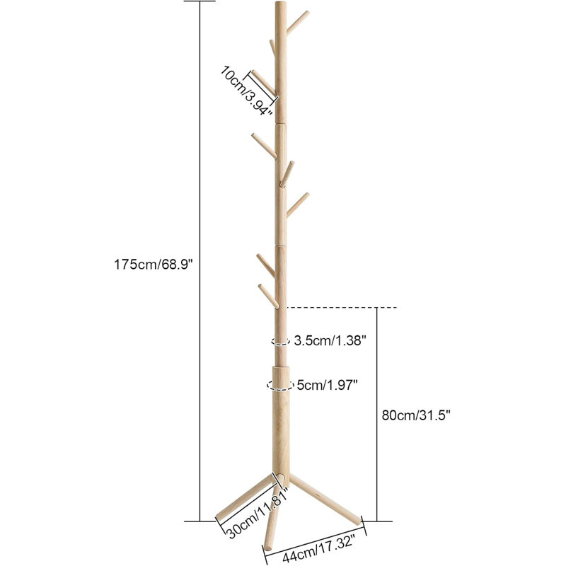 Wooden Adjustable Hall Tree Coat Racks with 8 Hooks, Wood