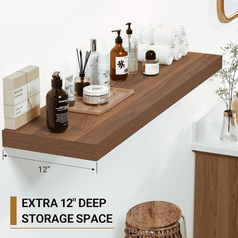 Étagères flottantes en noyer, ensemble de 2, étagères murales profondes en bois avec supports invisibles pour chambre, salon, cuisine et salle de bain