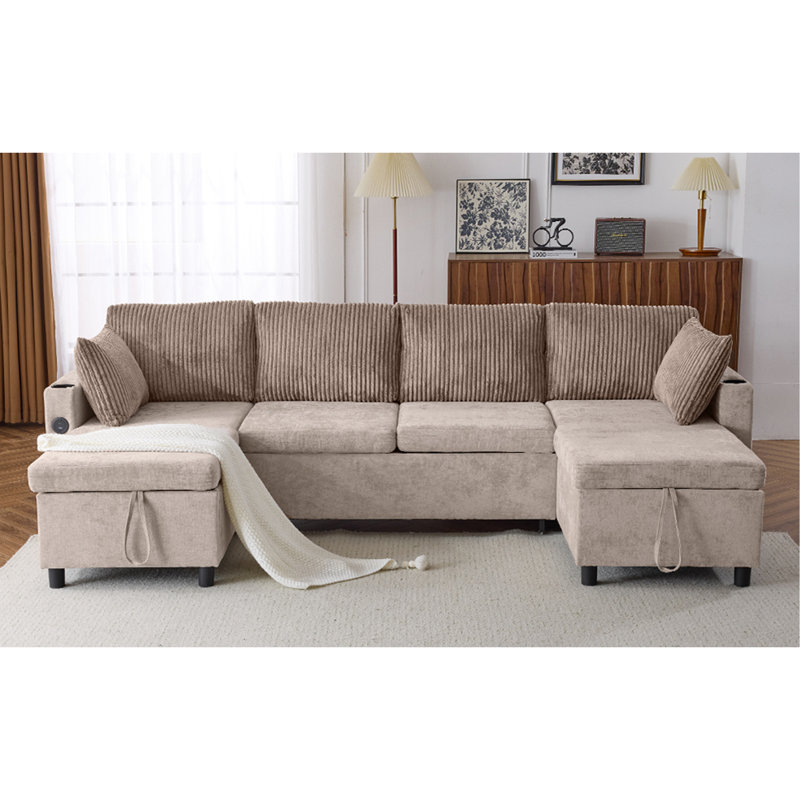 1113.4" Sectional Sofa Pull-Out Sofa Bed Versatile Sofa Sleeper With Large Storage Space, Two USB Ports And Two Cup Holders For Living Room, Brown