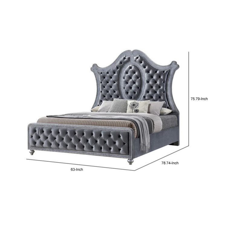 Grand lit Rall, tête de lit courbée en bois, revêtement en tissu capitonné gris, Grand