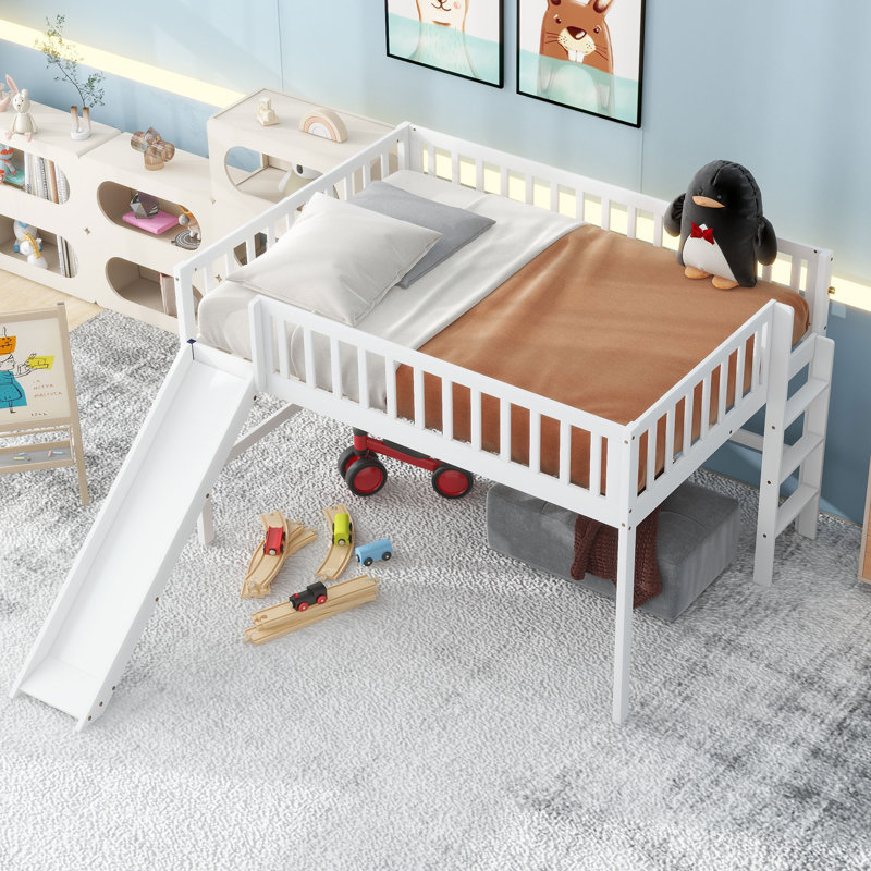 Low Loft Bed With Slide, Full, White