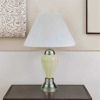 1Pc Elegant Crafted Table Lamp Glossy Base Contrasting Metallic Details Pleated Shade Modern Look Porcelain Rotary Switch