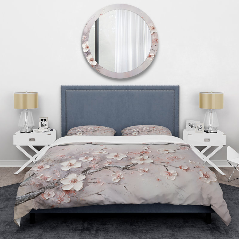Ensemble de housse de couette rose et gris Cherry Blossom - Flowers, Housse de couette pour grand lit et 2 taies décor