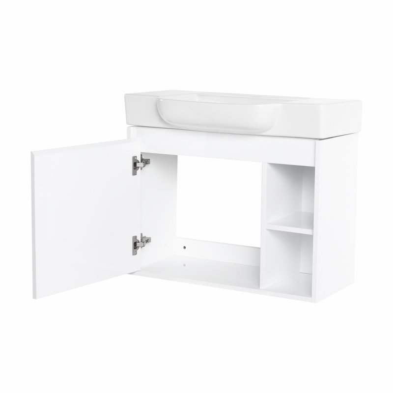 Meuble-lavabo mural avec lavabo en céramique et tablettes ouvertes, Glossy White, 27.2