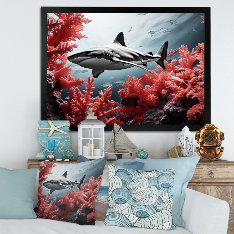 Danse du requin monochrome gris et rouge sur toile, H 34 po x l 44 po x P 1,5 po, Cadre photo noir