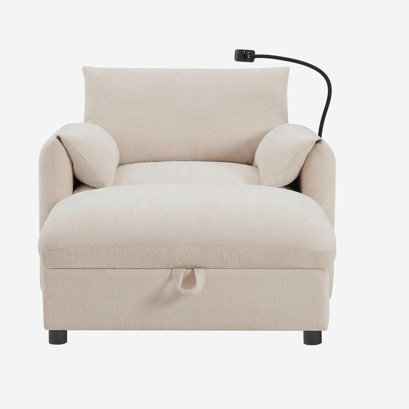 Canapé simple de 38 po avec repose-pieds de rangement, support de téléphone réglable, chargeur USB et accoudoirs en forme d'oreiller, chaise longue à siège large
