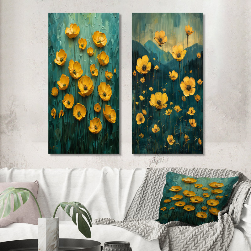 Jaune et bleu, jaune, bouton d'or, pré II - botanique, impression murale en métal 2 pièces, H 32 po x l 32 po