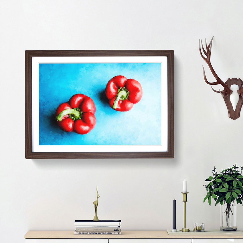 Two Red Bell Peppers - Picture Frame Graphic Art Print, 24cm H x 33cm W x 2cm D, Walnut Framed