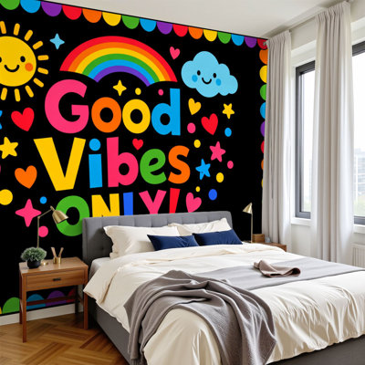 Kids Learning Peel and Stick Wallpaper for Classroom Colorful Only Design Rainbow Sun Clouds Wall Murals 100"H x 144"W Removable PVC Wall Paper Self-Adhesive Wall Decor for Bedroom Nursery