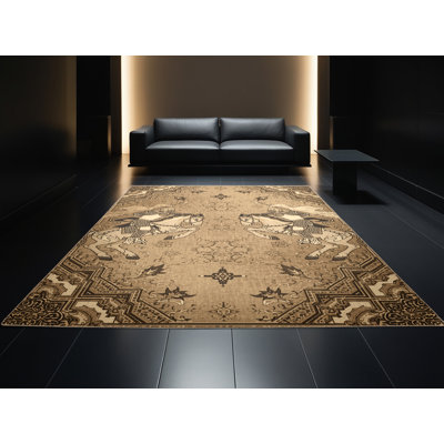 Tapis oriental Darwin traditionnel lavable à la machine en brun - reliure beige