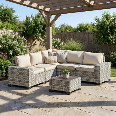Ensemble de canapé modulaire d'extérieur 5 personnes avec rotin PEHD toutes saisons, coussins et accoudoirs larges