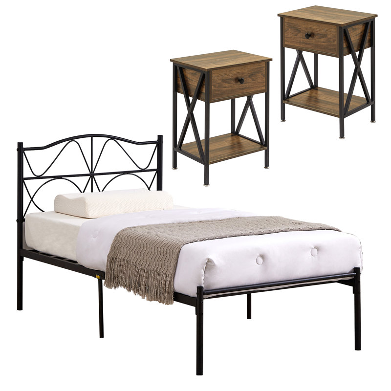 Ensemble de chambre configurable avec lit plateforme en fer, Brun, Simple