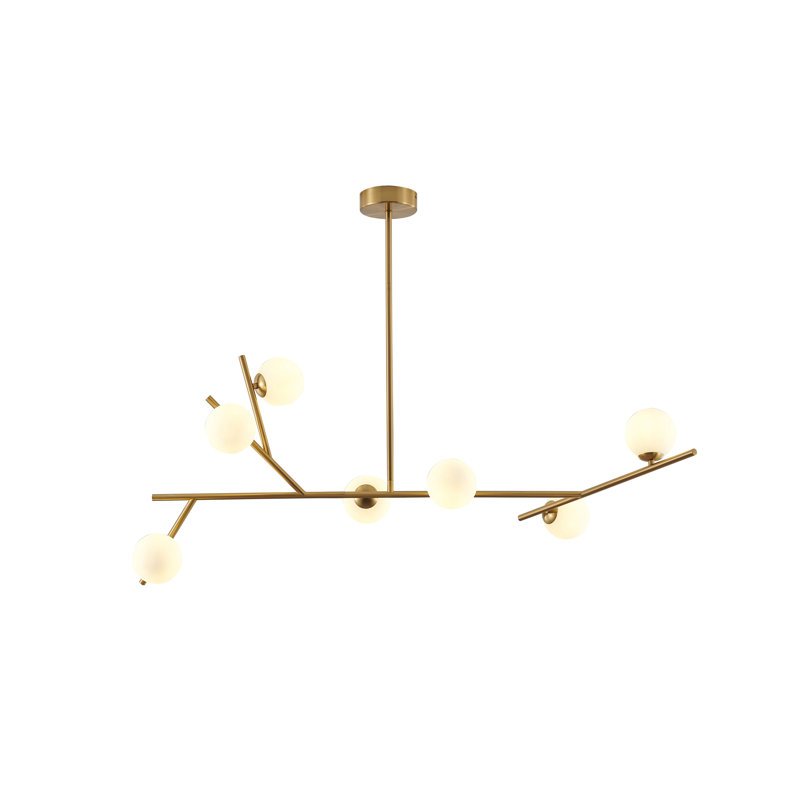 Lustre 7 lumières en laiton avec abat-jour en verre transparent et blanc