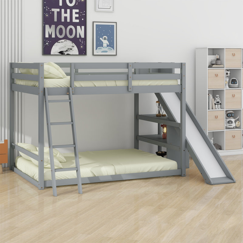 Lit superposé avec échelle, glissade et tablettes, Gris