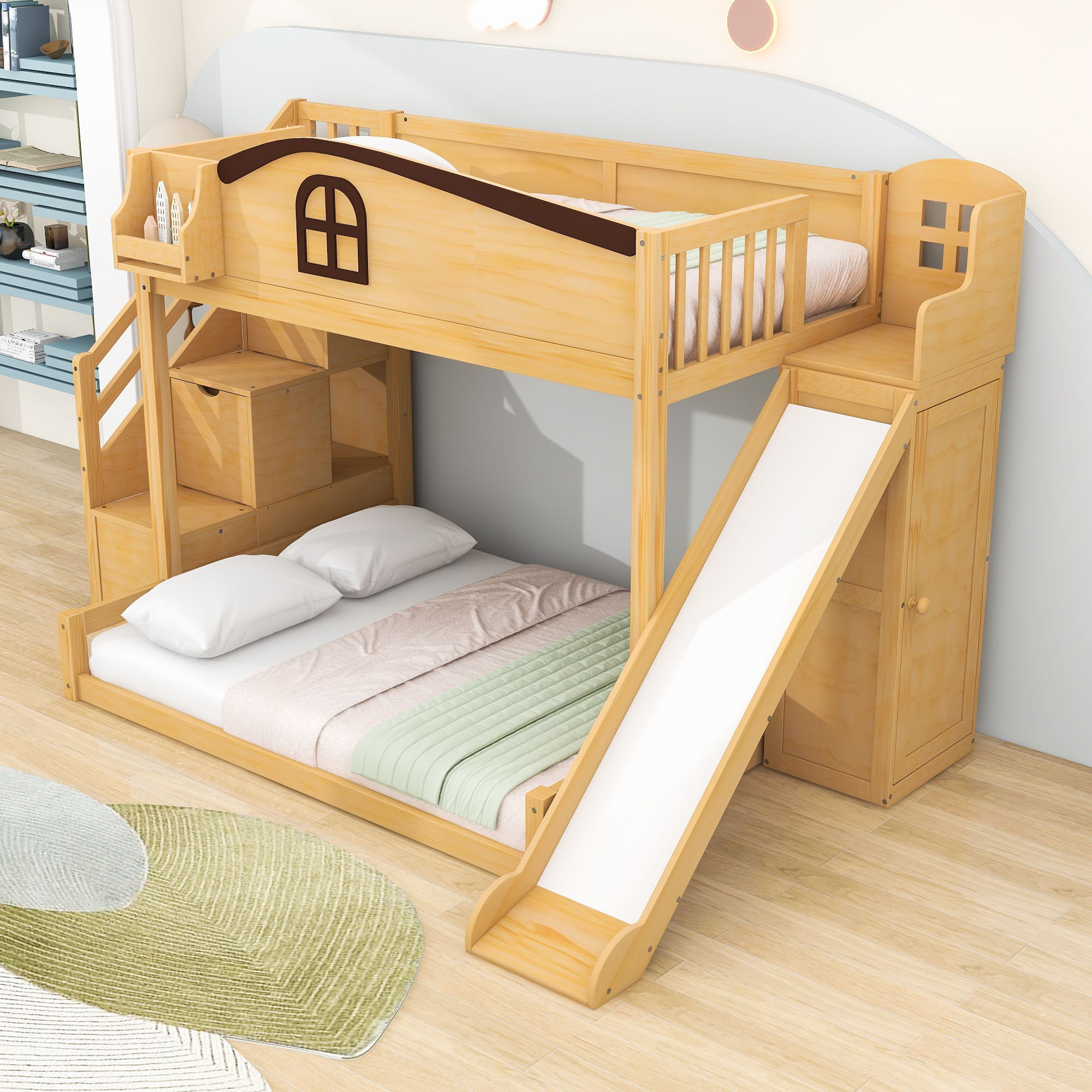 Harriet Bee Twin over Full Wood Bunk Bed with Slide, Wardrobe and ...
