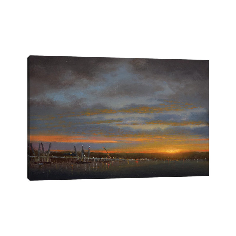 Sunset Over New Bridge Construction - Tarrytown, August 2016 by Ken Salaz - Wrapped Canvas Painting, 20.32 cm H x 30.48 cm W