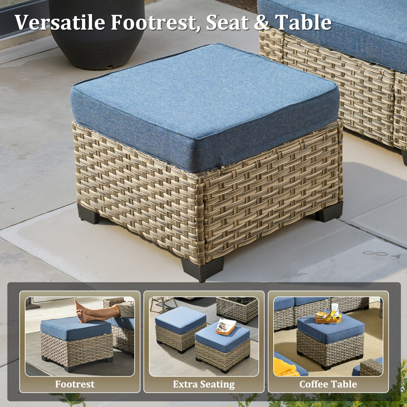 Outdoor Wicker Outdoor Lounge Chair With Ottoman,  3-Piece Outdoor Seating Set, Blue