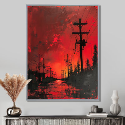 Rouge, noir, lignes électriques à l'obscurité I - art mural lignes électriques