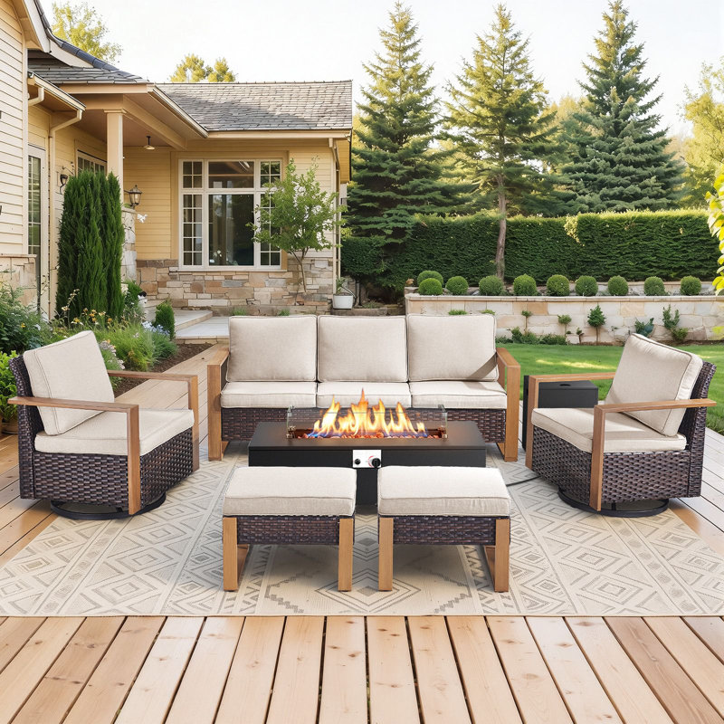 Ensemble de mobilier de patio pour 7 personnes avec table de foyer, ensemble de conversation en osier toutes saisons avec chaise et coussins épais Drazen
