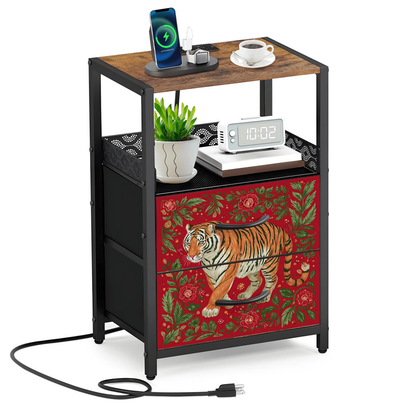 Table de chevet 2 tiroirs en tissu avec station de charge Tigre de style oriental avec motifs floraux et table de chevet rouge