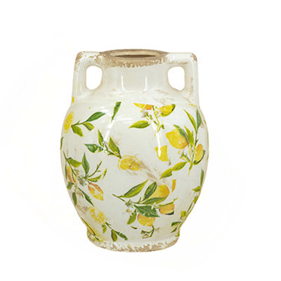 6.7X6.7X8.7" White Ceramic Vase With Yellow Lemon Motif And Small Handles