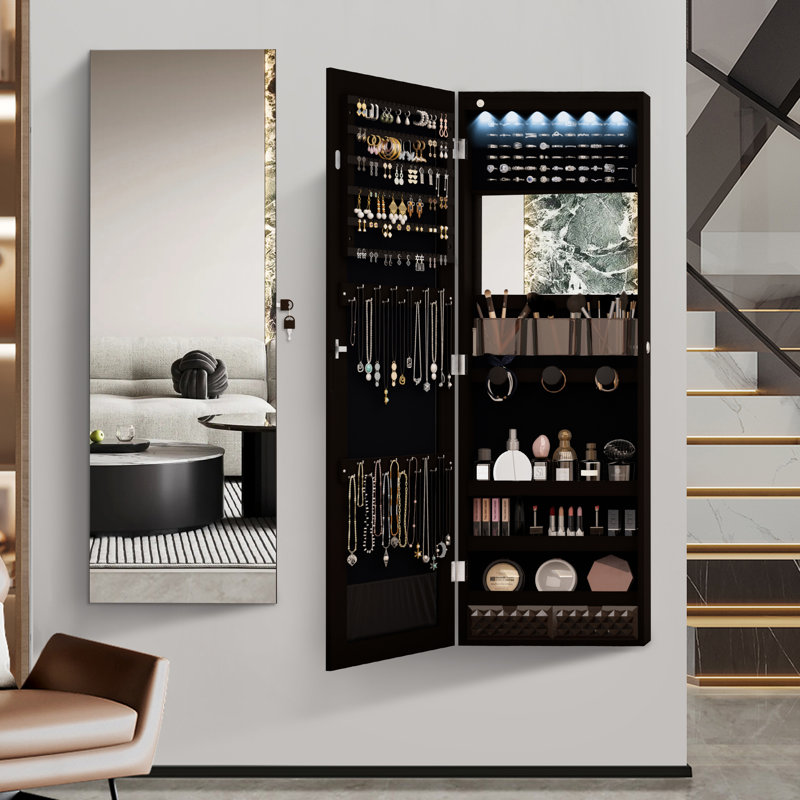 14.5'' Wide Wall Jewelry Armoire With Mirror & Led Light, Black
