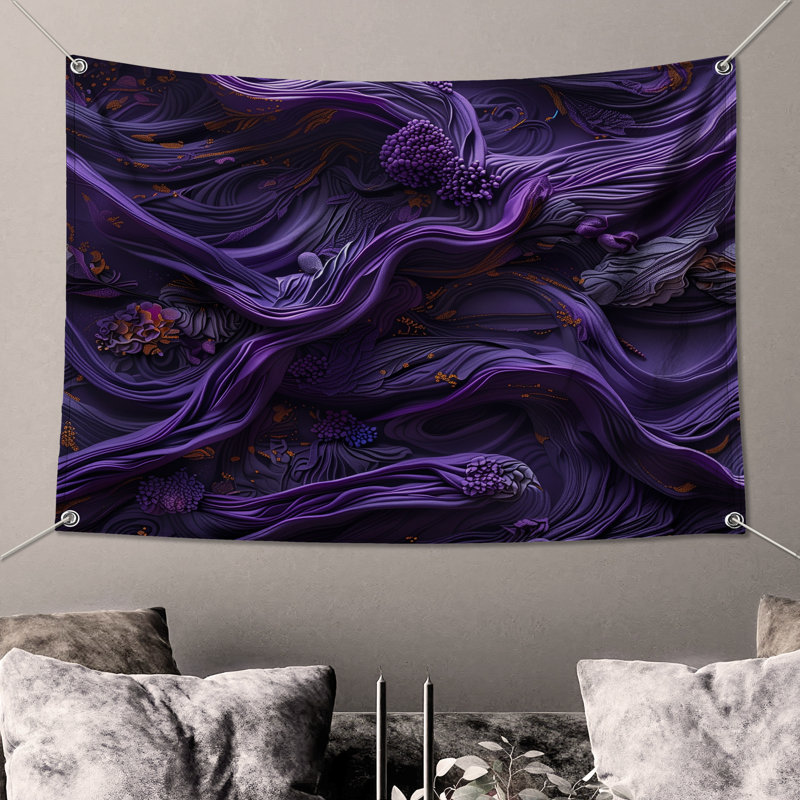 Tapisserie murale complexe tourbillons mauves - art mural abstrait, H 50 po x l 60 po avec 4 œillets