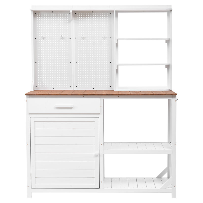 Banc de rempotage en bois de sapin rustique avec huche, poste de travail spacieux et conception ergonomique Verdantia, Blanc
