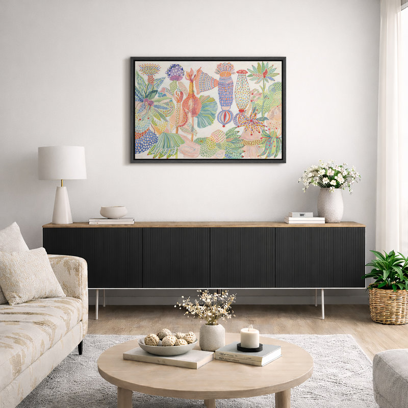 Motif botanique coloré, images de salon, impression sur toile encadrée, H 24 po x l 36 po, Cadre flottant noir