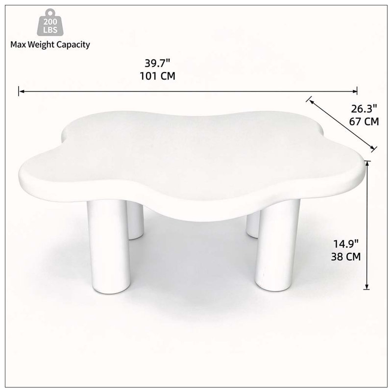 Table basse 40 po en bois avec 4 pieds ronds, petite table basse mignonne et table centrale irrégulière, Blanc