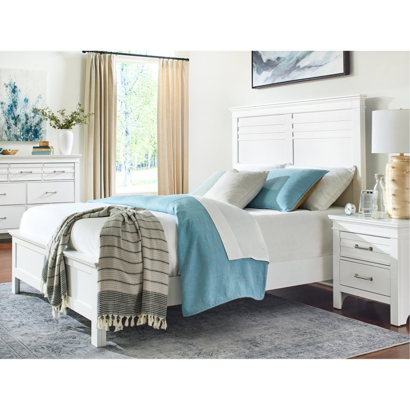 Grand lit au design transitionnel - Mobilier de chambre à coucher en bois avec panneaux en bois au fini blanc, Blanc