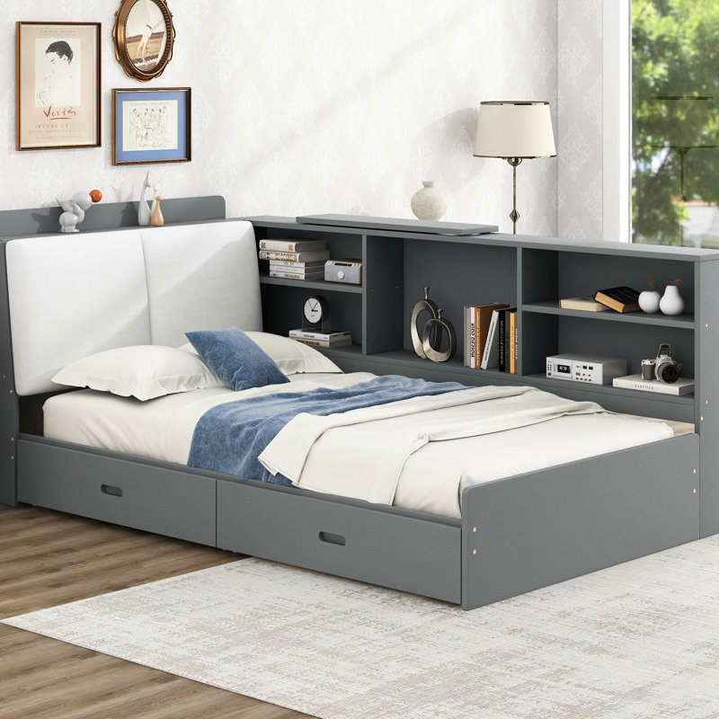 Lit plateforme simple avec tête de lit à rangement, tablettes, 2 tiroirs de rangement en tête de lit robustes gris, pour plus d'efficacité