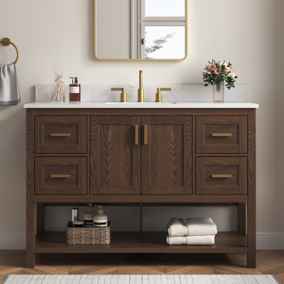 Aastha 48" Freestanding Walnut Bathroom Vanity With Single Sink & Engineered Stone Top
