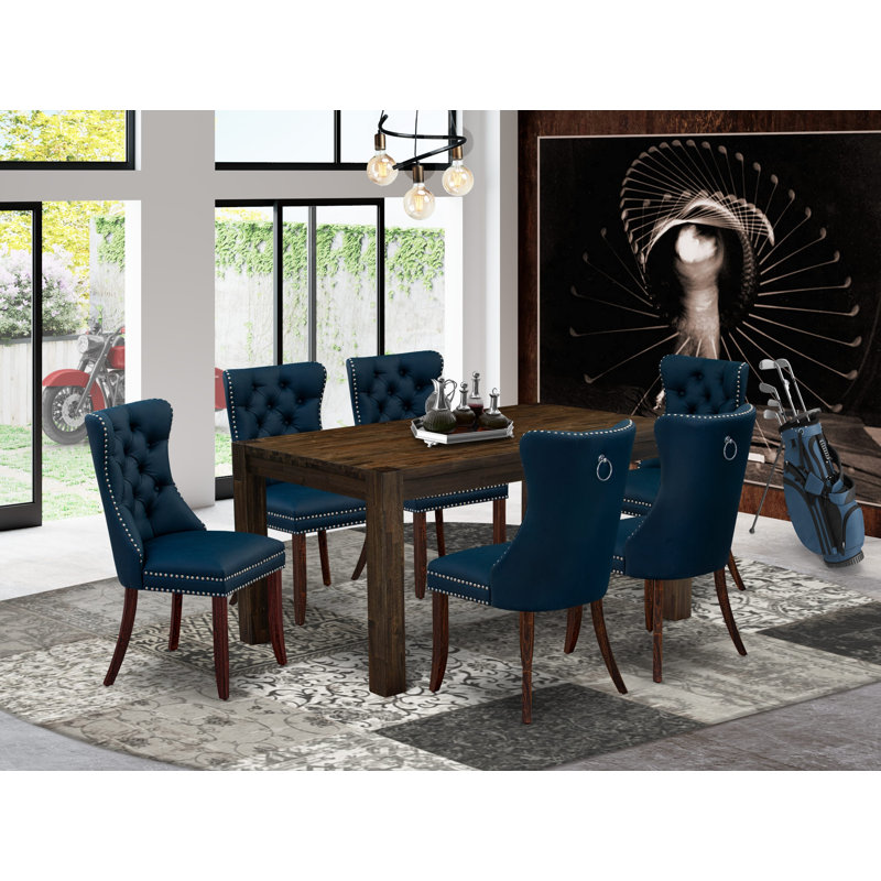 Ensemble de table de salle à manger moderne 7 pièces composé d'une table rectangulaire en bois rustique et de 6 chaises rembourrées en tissu de polyester, 36 x 60 pouces, jacobin vieilli