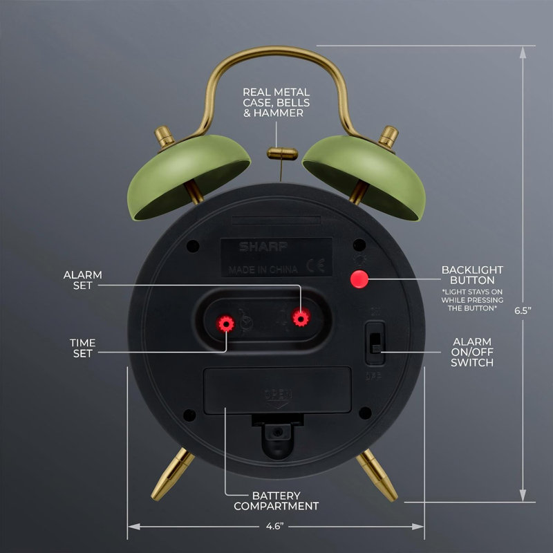 Réveil à double cloche pour gros dormeurs, 10 cm, sauge mate