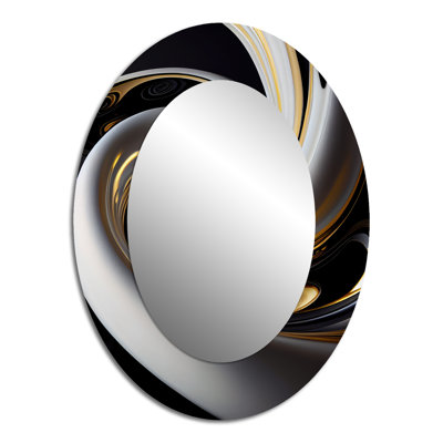 Vitrail doré noir et blanc III - Miroir décoratif abstrait ovale sur métal