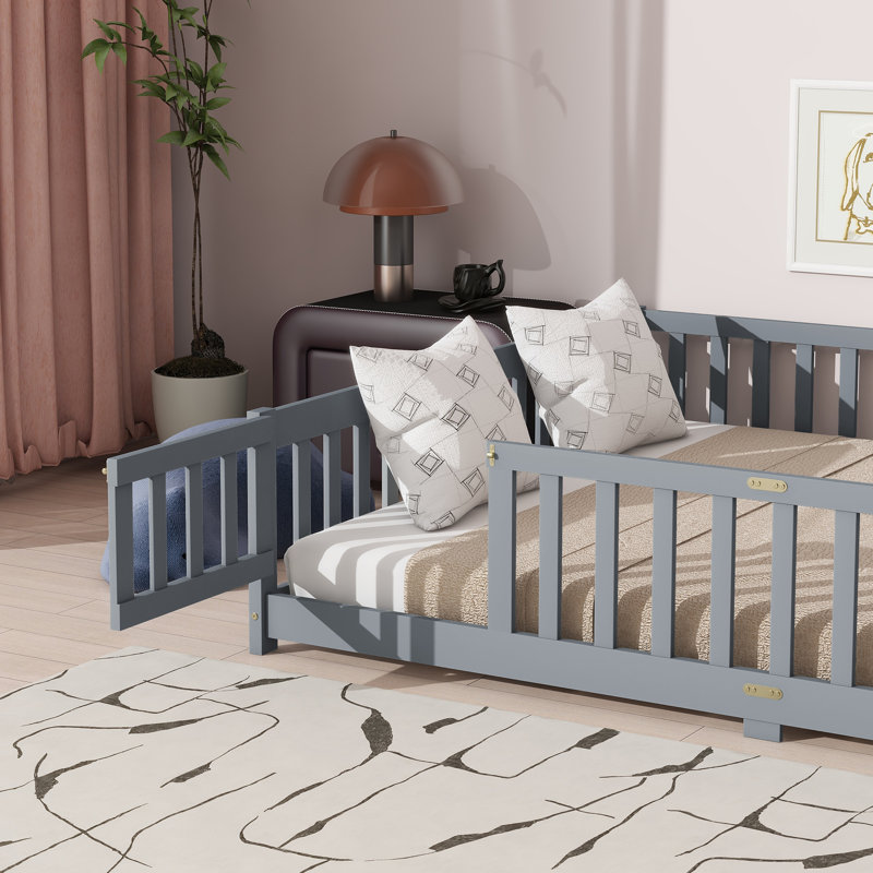 Queen Size Floor Bed With Fence,Door,Rubber Wood Floor Bed With Safety Guardrails,Grey, Gray