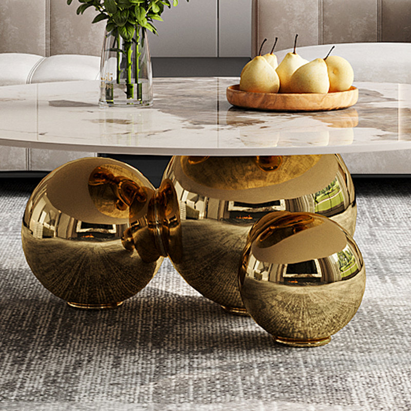 Table basse 39,5, table basse moderne avec plateau en pierre frittée Pandora et trois boules dorées, Gold