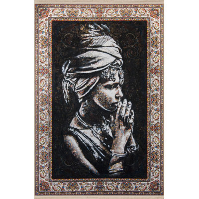 Black Themed Ethnic Woman Portrait Patterned Creative Modern Decorative Washable Rug
