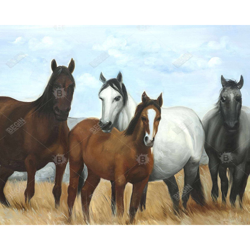Horses in the Meadow - Rustic Beige Framed Canvas Decor