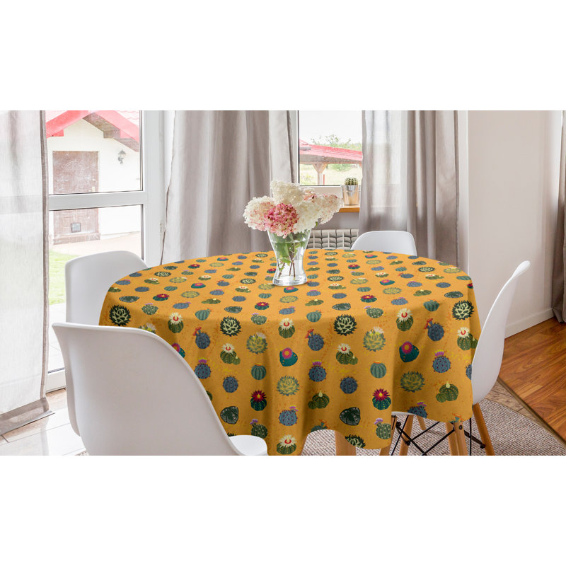 Ambesonne Succulent Round Tablecloth, Summer Fun Botany Pattern Of Exotic Floral Cactus Plants Repetition, Circle Table Cloth Cover For Dining Room Kitchen Decoration, 60", Marigold And Multicolor