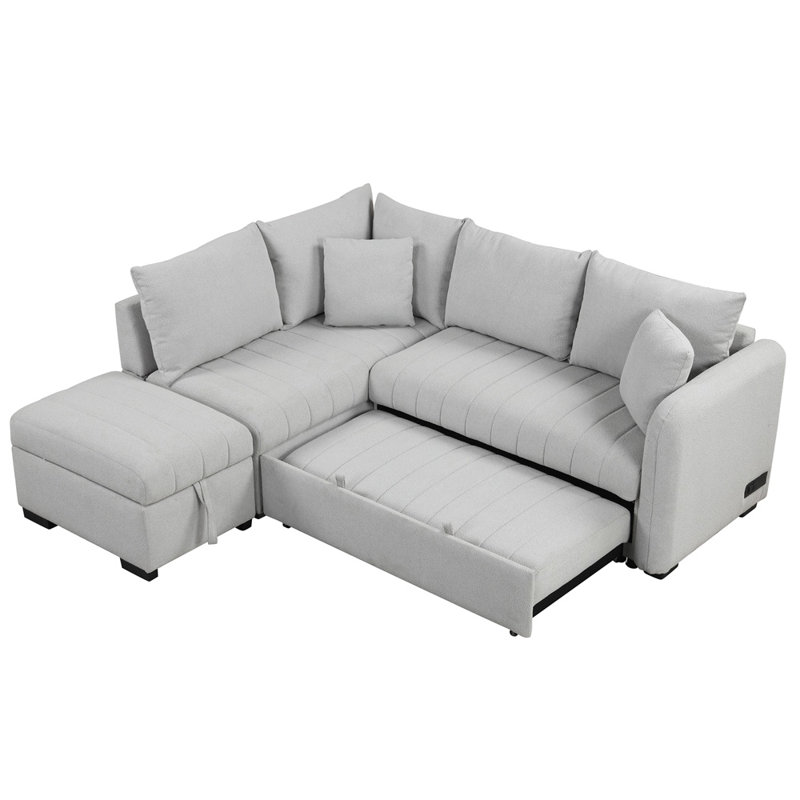 Upholstered L-Shaped Sectional Reversible, Gray Polyester Blend