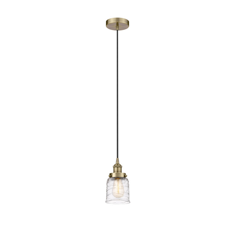Luminaire suspendu en forme de cloche à 1 lumière Buckhall, H 9,5 po x l 5 po x P 5 po, Tourbillon déco transparent, Laiton