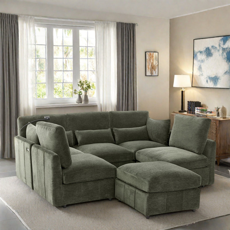Canapé modulaire moderne avec repose-pieds mobile, 2 ports USB et support pour téléphone, Chenille verte